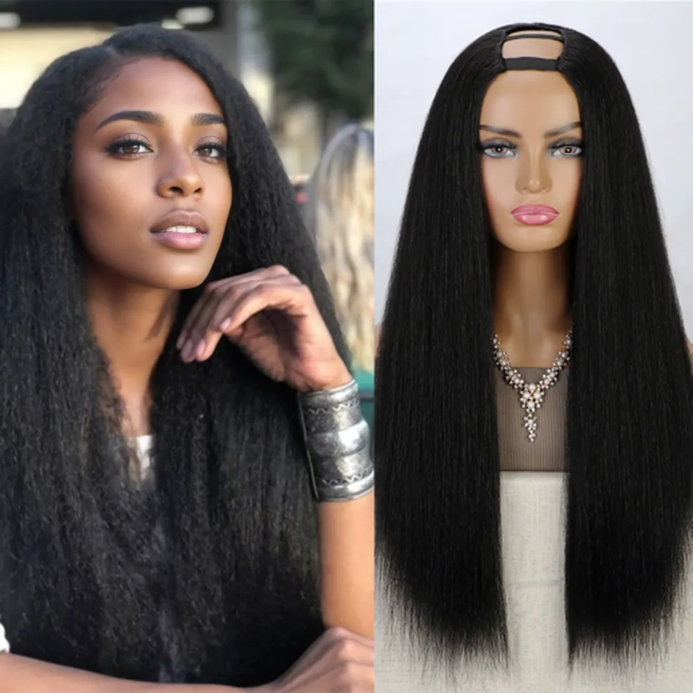 28 Inch Kinky Yaki Straight Half Wig For Women Upgraded U Shape Clip In Wigs U Part Yaki Straight Hair Extension Synthetic Wig