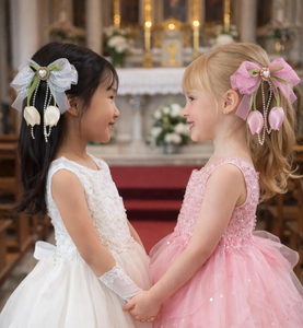 Noeuds pour cheveux en organza faits à la main avec des breloques en forme de tulipe et des perles pour filles, accessoires de cheveux festifs - Product Image 4