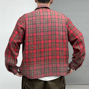 Vintage acide lavage Plaid hommes boutonné surdimensionné T-Shirt Logo personnalisé Streetwear flanelle strass hommes chemises à manches longues - Product Image 3