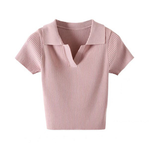 Polo de Punto para Mujer, Manga Corta, Color Rosa Sólido, Corte Ajustado, Cintura Alta, Estilo Veraniego - Product Image 1