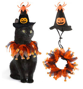 طقم أزياء الهالوين الشتوية للحيوانات الأليفة للقطط والكلاب، قماش صديق للبيئة، قبعة مضحكة، وشاح مثلث، عصابة رأس على شكل يقطين، باندانا منقطة - Product Image 1