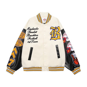 Veste universitaire en cuir surdimensionnée personnalisée, style streetwear hip-hop, sans col, logo frontal, unisexe, vente en gros d'usine - Product Image 3