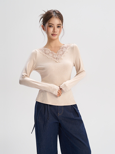 Dibala t-shirt Slim Slim da <span class=keywords><strong>donna</strong></span> a maniche lunghe pigro stile francese con scollo a V - Product Image 3