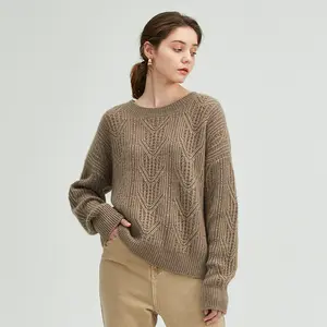 Jersey de cuello redondo de cachemira pura para mujer, Jersey de punto grueso, listo para enviar, venta al por mayor de fábrica, Otoño e Invierno