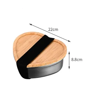 304เก็บอาหารสแตนเลสกล่องอาหารกลางวันรูปทรงความรักพร้อมฝาไม้ไผ่กล่องทิฟฟินโลหะสำหรับรักษาความสด