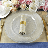 Assiette de présentation en verre ondulé texturé de 13 pouces avec bordure or et argent pour mariage, fête, hôtel, décoration de table (vente en gros)