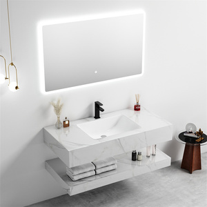 Lavabo de Baño Moderno para Hotel, Montado en la Pared, de Piedra Sinterizada, con Espejo LED y Gabinete de Cerámica - Product Image 3