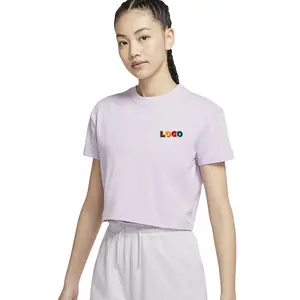 批发女式定制标志t恤短袖夏季t恤浅紫色短款上衣