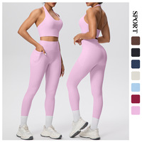 Nouvel ensemble de sport 2 pièces à col rond et taille haute, avec pantalon à poches rehausseur de hanches, séchage rapide, en Spandex/Nylon, pour course, yoga et activités décontractées en extérieur