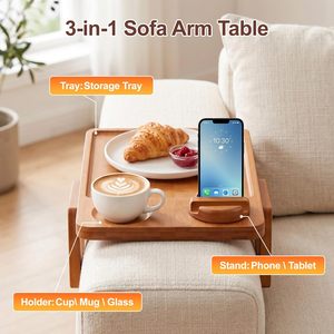 Plateau de canapé en bambou avec support de téléphone rotatif à 360°, plateau à clipser sur l'accoudoir du canapé, table d'appoint antidérapante pour boissons et collations - Product Image 2