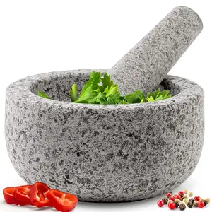 Juego de 2 tazas de mortero de granito natural resistente tallado a mano para hacer guacamole fresco Salsa Pesto Stone Grinder Bowl