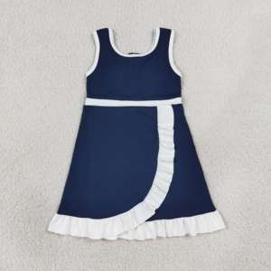 Vestido Deportivo sin Mangas para Niña, Modelo GSD4145 RTS, Color Azul Marino con Ribete Blanco, Tela de Lana, Estampado Floral, Verano - Product Image 2