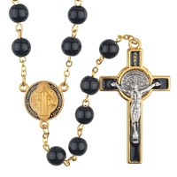 Chapelet Doré Perles en Verre Blanc 8mm Saint Benoît, Rosaires Catholiques, Collier Croix