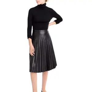 Women Midi Length Black Soft <strong>Pleated</strong> <strong>Leather</strong> <strong>Skirt</strong> - Product Image 1