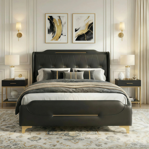 Lit plateforme moderne en cuir réglable King Size avec tête et pied <span class=keywords><strong>de</strong></span> lit à volants, rembourrés en PU - Design élégant - Product Image 1
