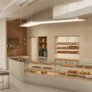<span class=keywords><strong>Comptoir</strong></span> de <span class=keywords><strong>service</strong></span> de boulangerie incurvé avec vitrine en verre et rangement ouvert, station de bar commerciale au look béton moderne - Product Image 3