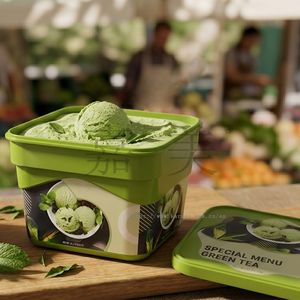 Envase cuadrado verde para helado con tapa, contenedor de PP para postres congelados de 500g, envase reciclable con impresión IML para productos congelados. - Product Image 4