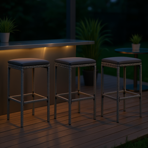 Set Of 3 <b>Grey</b> Poly Rattan <b>Bar</b> <b>Stools</b> With Standard Footrest For Outdoor <b>Bar</b> Use - Product Image 2