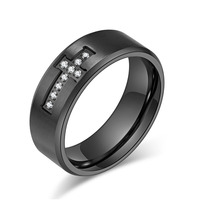 Bague Croix Religieuse en Acier Inoxydable 8mm Plaqué PVD Or et Argent avec Zircon Sculpté, Bijou de Mode, Ne Ternit Pas, Pour Usage Quotidien et Anniversaire