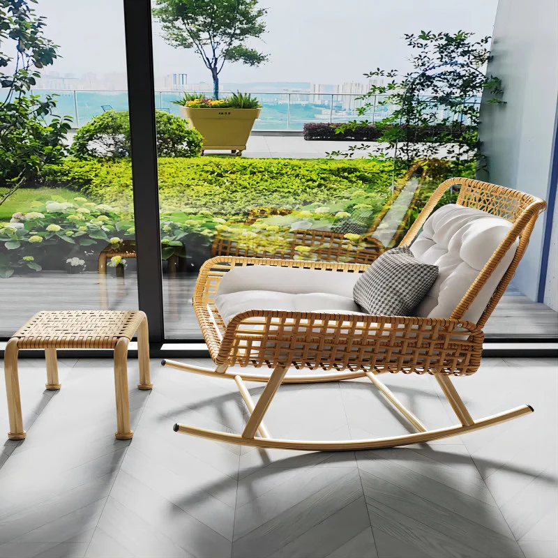 Zxm Adult Swivel Rocking Recliner Chair Retro Wooden Rattan for