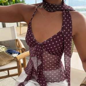 Summer Short Breathable Eco-Friendly Knitted Mesh Camisole Polka Dot Print Ribbons <b>Tie</b> See-Through Backless Sleeveless Front - Product Image 1