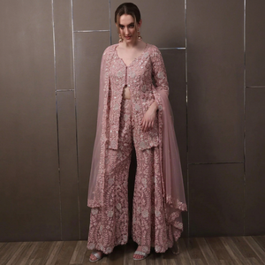 ชุดชาราร่าผ้าจอร์เจตต์สีชมพู ปักลายดอกไม้ แขนยาว ชุดผู้หญิงสำหรับงานแต่งงานและงานปาร์ตี้ - Product Image 1