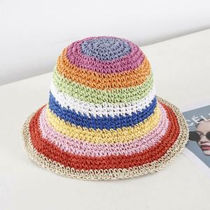 Sombrero de paja de arcoíris para mujer al por mayor, de ganchillo, plegable, tejido, para sol y playa - Product Image 4