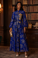 Robe longue maxi à col montant et manches bouffantes en fil doré avec ceinture, Abaya brodée pour femme, idéale pour l'Aïd, les vacances et les banquets