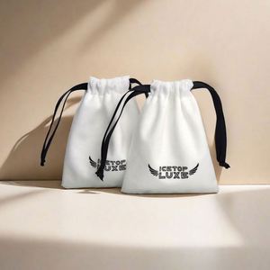 Custom Screen Printing Logo Recyclable Luxury White Silk Velvet Jewelry Gift Packaging Watch Gemstone Drawstring Pouch - Product Image 4