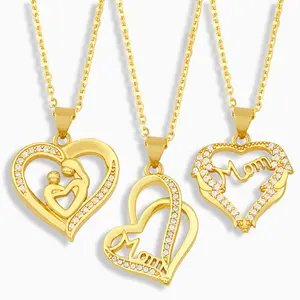 ZF 2024 nouveau cadeau de fête des mères chaud lettre maman cristal coeur pendentif collier de luxe plaqué or Rose maman collier