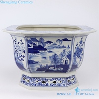RYLU167--B-D Pot de fleurs en céramique peint à la main avec motif de dragon bleu et blanc chinois, pot de jardin