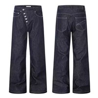 Jeans larges pour hommes en gros, pantalon en denim à bouton asymétrique, prix d'usine OEM ODM, couture contrastante, streetwear