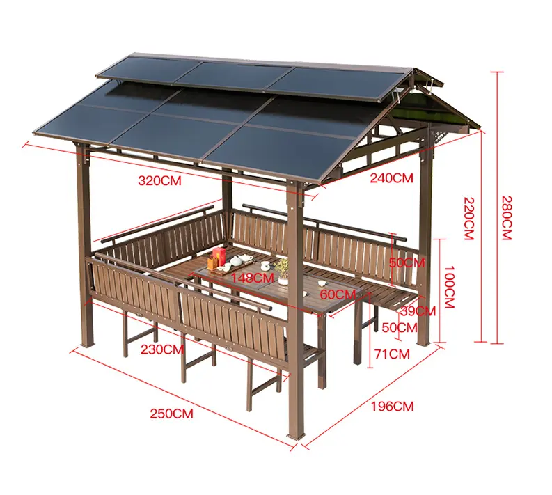 New designs luxury outdoor PVC roof pergola with seats and tables metal frame brown grill hardtop gazebos