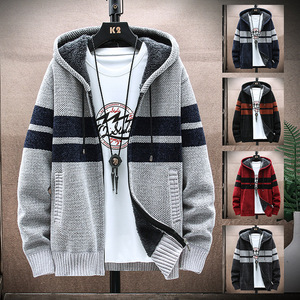 Cardigan da Uomo con Cerniera, Maglione a Righe a Maniche Lunghe, Giacca con Cappuccio a Collo Tondo, Maglione Jacquard da Uomo - Product Image 1