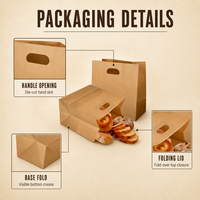 Sac en papier kraft brun avec logo personnalisé, poignée découpée, emballage pour boulangerie, sac à pain