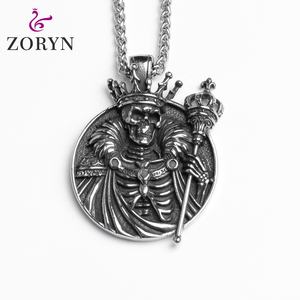 Collares con Colgante de Moneda de Rey Esqueleto de Acero Inoxidable, Corona y Cetro, Joyería de Moda Gótica Punk Vintage de Acero de Titanio para Hombre - Product Image 1