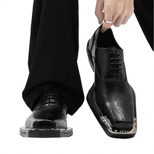 Chaussures en cuir à lacets pour hommes, style rétro, bout carré, talon épais, grandes tailles, printemps-été, pour affaires, décontractées, fêtes et mariages - Product Image 2