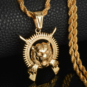 Pendentif Hip Hop pour Homme en Acier Inoxydable 316L Plaqué Or 18K, Tête de Lion Creuse Circulaire, Breloque Pistolet, Gravable sur Mesure, avec Cordon Torsadé Épais - Product Image 4