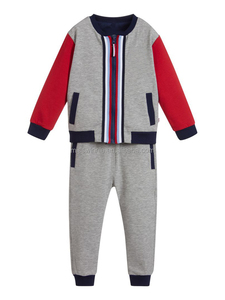 Custom Fashion Apparel <strong>Boys</strong> Colorblock Bomber Tracksuit Set Grey <strong>Red</strong> Stripe Zip up Jacket &amp; Jogger Pants for Kids - Product Image 3