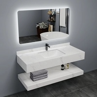 Meuble-lavabo mural Alvin moderne avec éclairage LED, finition laquée miroir, en MDF, vasque en céramique, comptoir en marbre, pour villa