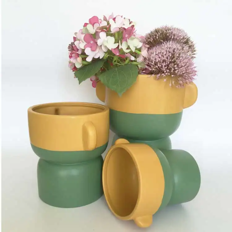 Wholesale Creative New Item Nordic Style Design Ceramic Porcelain Home Decoration Green Glazed Yellow Flower Pot Vase
