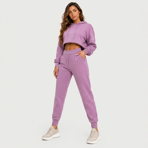 Conjunto Deportivo de Mujer, Sudadera Corta de Felpa de Algodón Grueso, Pantalones Jogger de Pierna Ancha, Corte Regular, 380g, Premium, Invierno, Color Sólido, Personalizable - Product Image 1