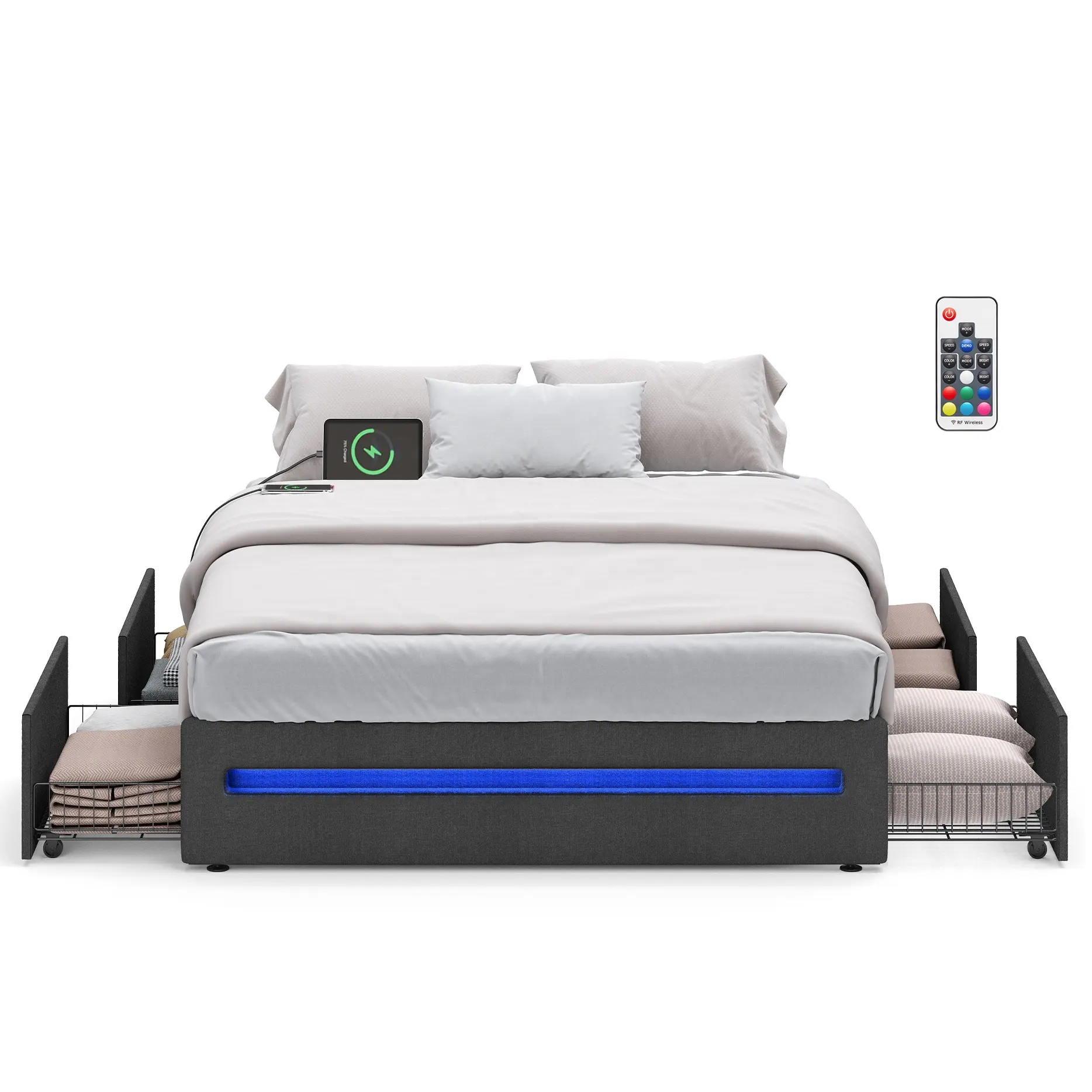 Marco de cama de tamaño completo VASAGLE con luces LED marco de cama de tamaño completo con marco de cama multifuncional de almacenamiento