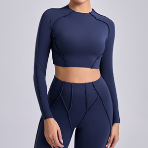 Aoyema abbigliamento sportivo da donna nuovo stile di vendita di moda Soft <span class=keywords><strong>Fitness</strong></span> Skinny Cropped <span class=keywords><strong>Top</strong></span> tinta unita elasticizzato Yoga manica lunga da palestra - Product Image 4