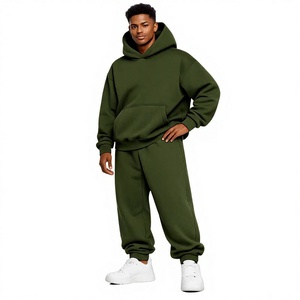 Survêtement à capuche vert olive pour homme, manches longues, couleur unie, décontracté, en coton, coupe ample avec poches latérales, pour l'automne - Product Image 1