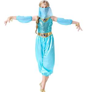 Costume de princesse Jasmine de Disney pour enfants, combinaison bleue avec voile pour spectacle de fête d'Halloween - Product Image 4