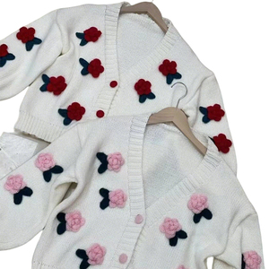 Áo len dệt kim nữ tay dài họa tiết hoa 3D tùy chỉnh, nhiều màu sắc, thêu nổi, kiểu cardigan móc len - Product Image 6