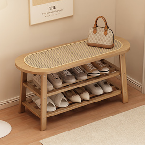 <span class=keywords><strong>Banc</strong></span> à chaussures autoportant 3 niveaux en bambou et rotin, style nordique, respirant, avec coussin de siège pour entrée - Product Image 2