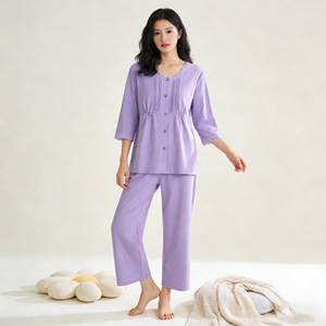 PJ-1457 Elegante Pijama Holgado con Cuello de Encaje, 100% Algodón, Ropa de Dormir Informal para Mujer, Primavera-Otoño - Product Image 2