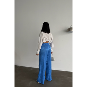 Jacquard <b>Satin</b> <b>Trousers</b> for <b>Women</b> Breathable Blue Casual Wide-Leg Pants Elastic Waist Woven Fabric Colored Wash for Autumn - Product Image 1